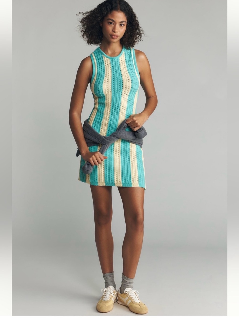 NWT Anthropologie Daily Practice Striped Knit Mini Tank Dress Yellow Aqua Sz Med